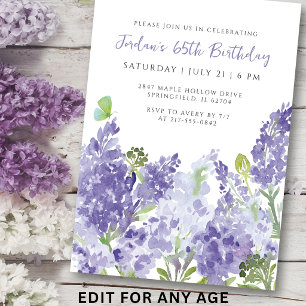Floral Watercolor 65th Birthday Elegant Lilacs Invitation