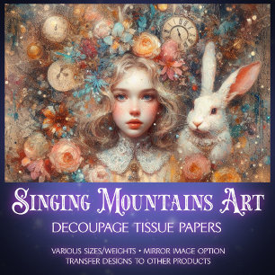 Floral Watercolor Alice Rabbit Fantasy Decoupage Tissue Paper