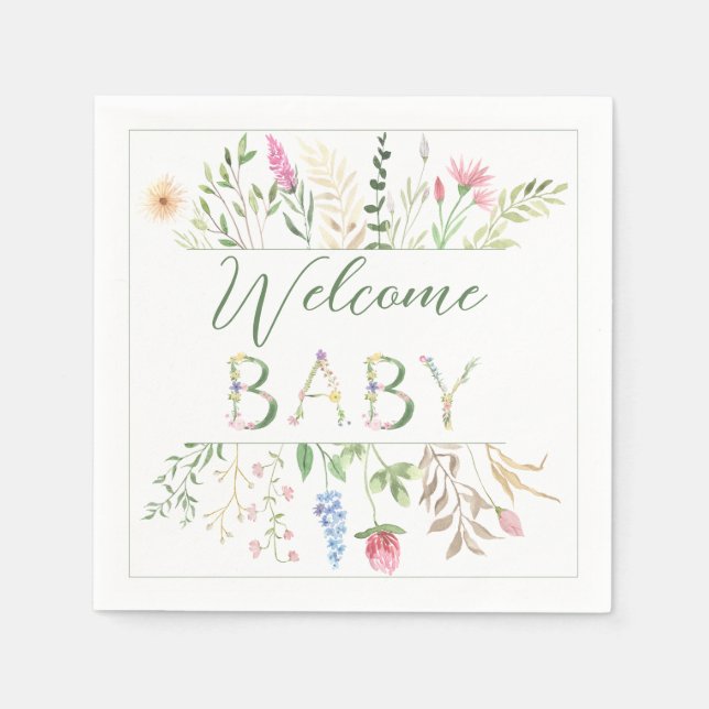 Floral Watercolor Alphabet Baby Shower Baby Shower Napkin (Front)