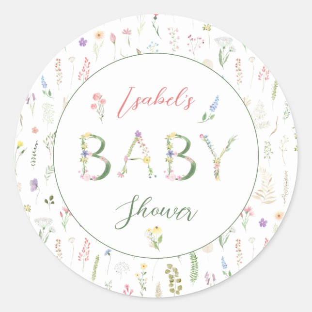 Floral Watercolor Alphabet Baby Shower  Classic Round Sticker (Front)