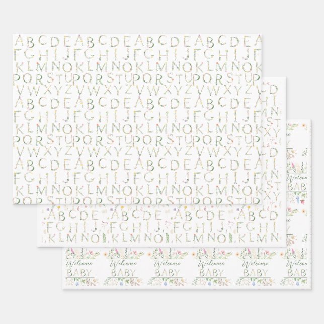Floral Watercolor Alphabet Baby Shower Gift Wrap  (Set)