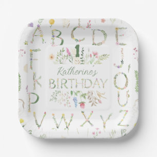 Floral Watercolor Alphabet Birthday Paper Plate