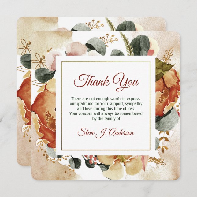 Floral Watercolor Autum Funeral Thank You Card (Front/Back)