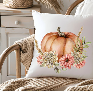 Floral Watercolor Autumn Fall Pumpkin Cushion