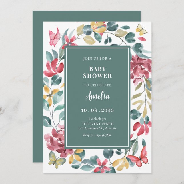 Floral watercolor baby shower invitation (Front/Back)