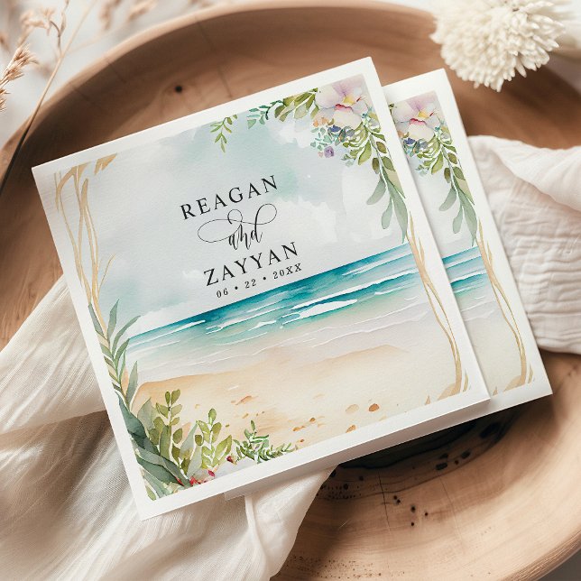 Floral Watercolor Beach Scene Summer Wedding Napkin (Creator Uploaded)
