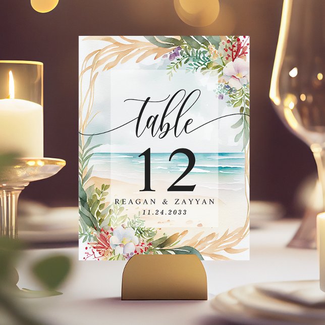 Floral Watercolor Beach Scene Summer Wedding Table Number (Creator Uploaded)