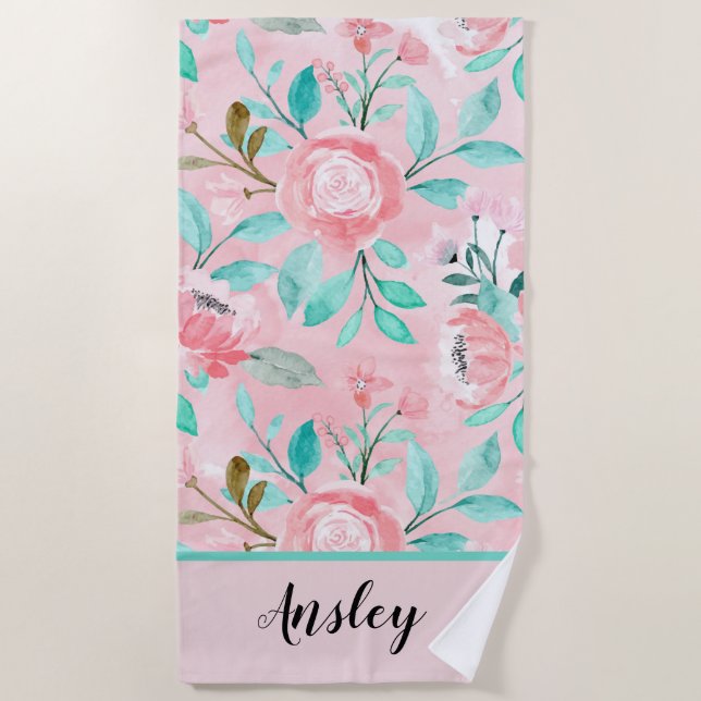 Floral Watercolor Beach Towel (Front)