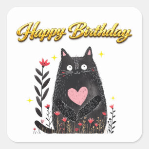 Floral Watercolor Black Cat Pink Heart Birthday Square Sticker