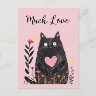 Floral Watercolor Black Cat Pink Heart Much Love Postcard