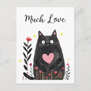 Floral Watercolor Black Cat Pink Heart Much Love Postcard