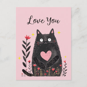 Floral Watercolor Black Cat with Heart Love You Postcard