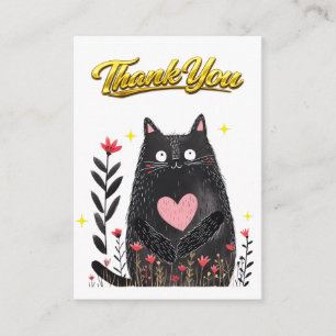 Floral Watercolor Black Cat with Heart Thank You Enclosure Card