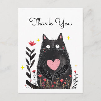 Floral Watercolor Black Cat with Heart Thank You Postcard