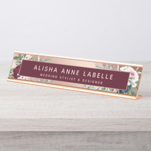Floral Watercolor Blossoms Rose Gold & Burgundy Desk Name Plate