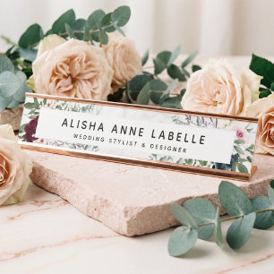 Floral Watercolor Blossoms & White Marble Pattern Desk Name Plate