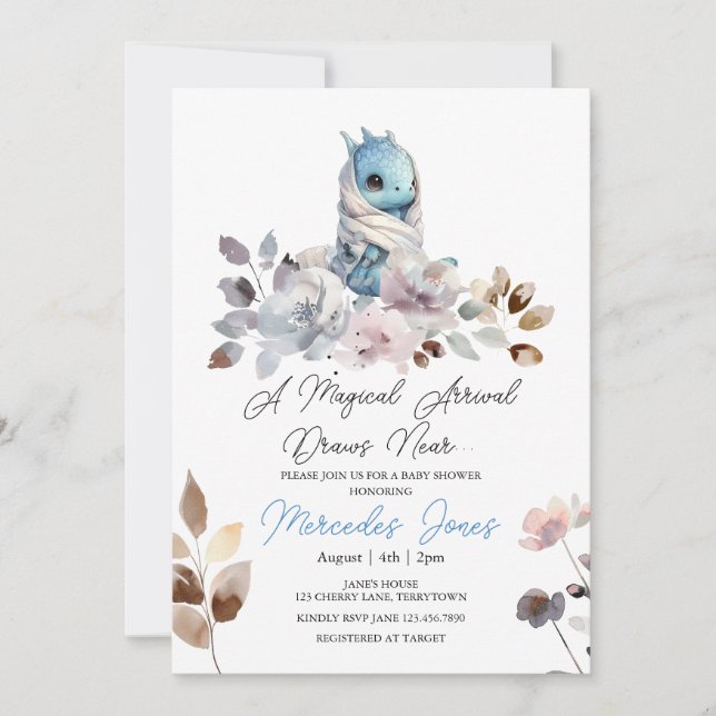 Floral Watercolor Blue Boy Dragon Baby Shower  Invitation (Front)