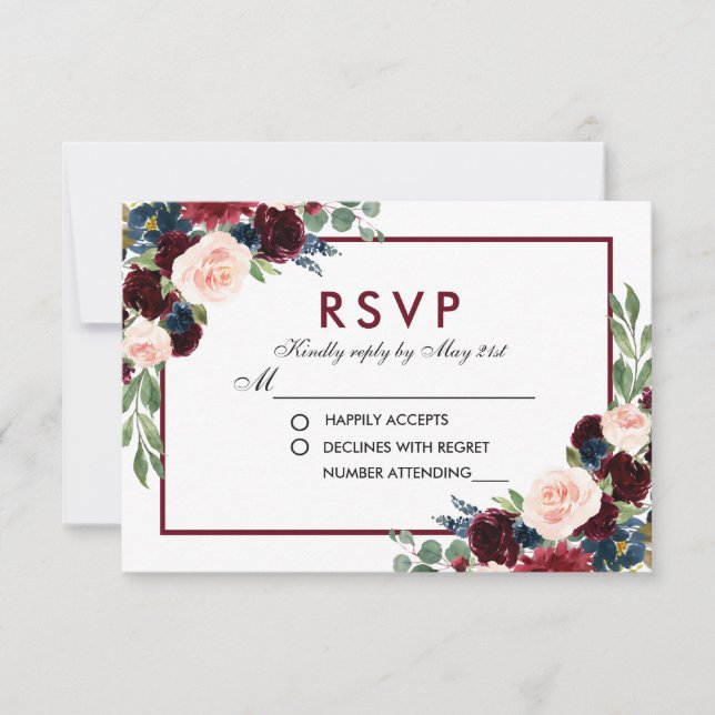 Floral Watercolor Blue Burgundy Wedding RSVP Card (Front)