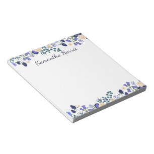 Floral Watercolor Blue Flowers Custom Name Notepad