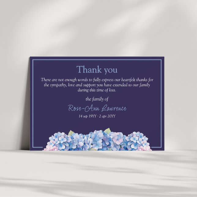 Floral watercolor blue hydrangea funeral thank you card (Creator Uploaded)