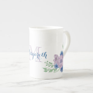 Floral Watercolor Blue Purple Monogram Bone China Mug