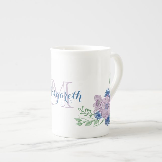 Floral Watercolor Blue Purple Monogram Bone China Mug (Front Right)