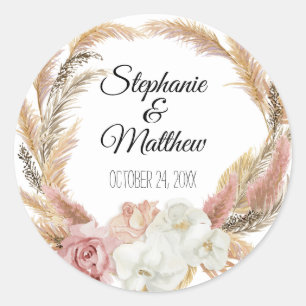 Floral Watercolor Blush Boho Pampas Palm Wedding Classic Round Sticker