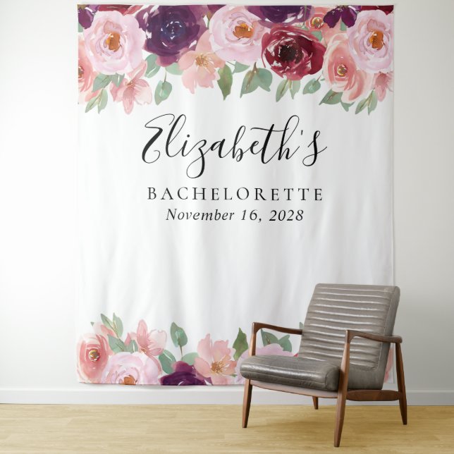 Floral Watercolor Blush Burgundy Bachelorette Tapestry (In Situ)