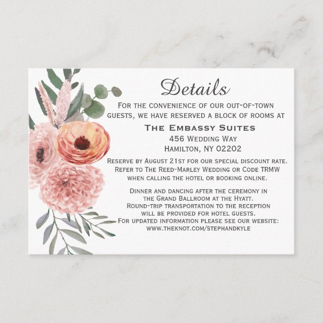 Floral Watercolor Blush Rust Wedding Details Enclosure Card (Front)