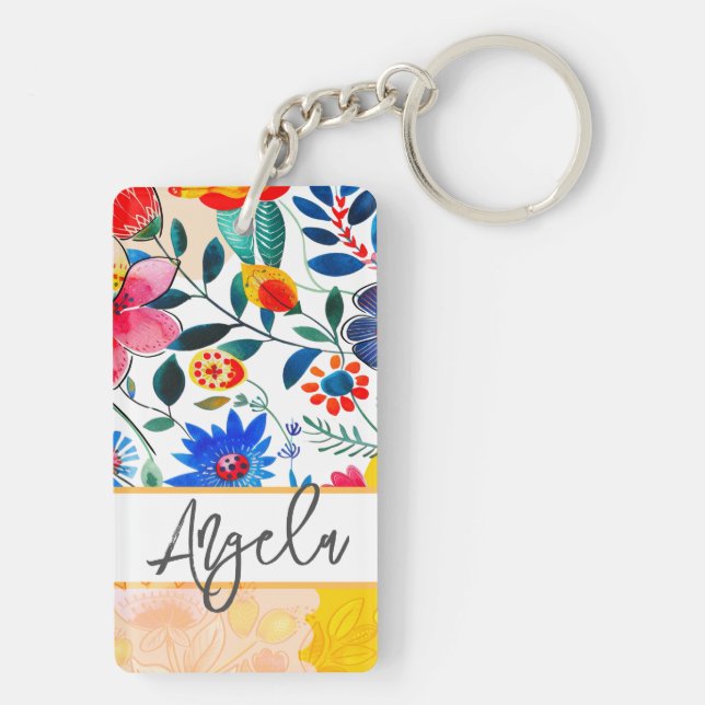 Floral Watercolor Boho Colourful Keepsake Key Ring (Back)
