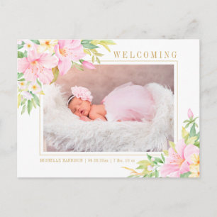 Floral Watercolor Botanical Pink Baby Girl Photo Announcement Postcard