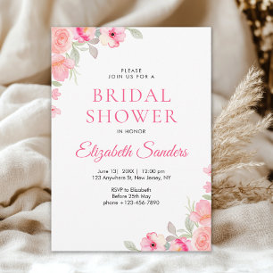 Floral Watercolor Bridal Shower Pink Roses Invitation
