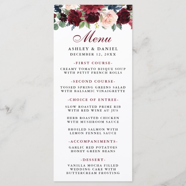 Floral Watercolor Burgundy Blue Wedding Menu (Front)
