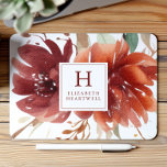 Floral Watercolor Burgundy Burnt Orange Monogram Mouse Pad<br><div class="desc">This design features a watercolor floral bouquet of burgundy and burnt orange flowers. Customise it with your monogram initial and name in burgundy serif font framed by a white square.</div>