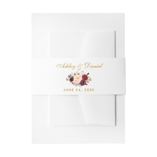 Floral Watercolor Burgundy Gold Wedding Invitation Belly Band (Front Example)