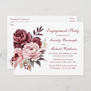 Floral Watercolor Burgundy Peony Engagement Party Postcard
