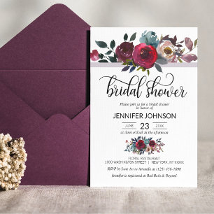 Floral Watercolor Burgundy Purple Bridal Shower Invitation