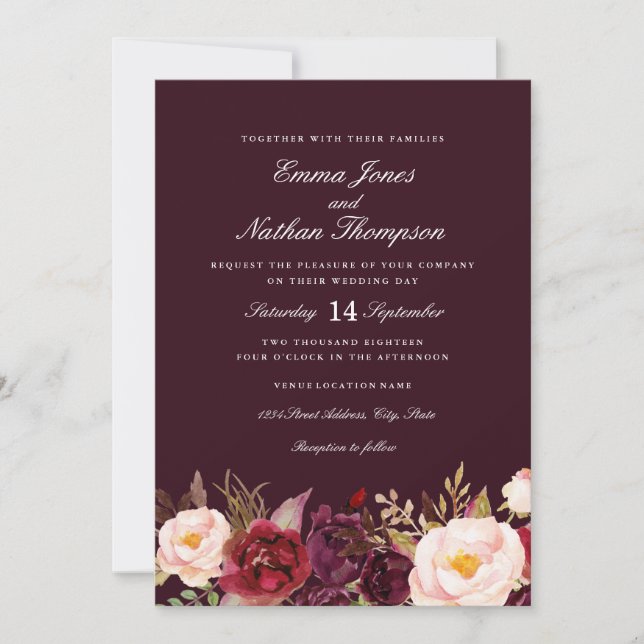 Floral Watercolor Burgundy Wedding Invitation (Front)