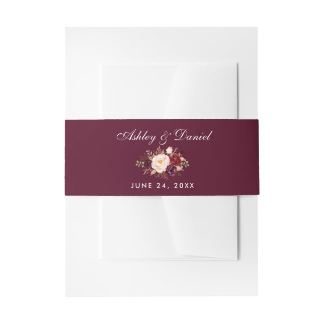 Floral Watercolor Burgundy Wedding Invitation Belly Band (Front Example)