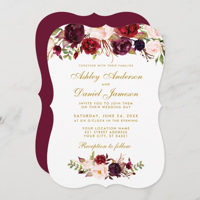 Floral Watercolor Burgundy Wedding Invitation BGB (Front/Back)