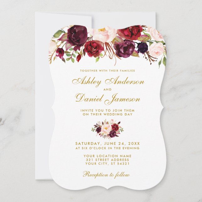 Floral Watercolor Burgundy Wedding Invitation Gld (Front)