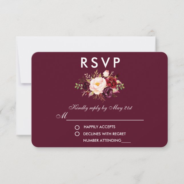 Floral Watercolor Burgundy Wedding RSVP (Front)
