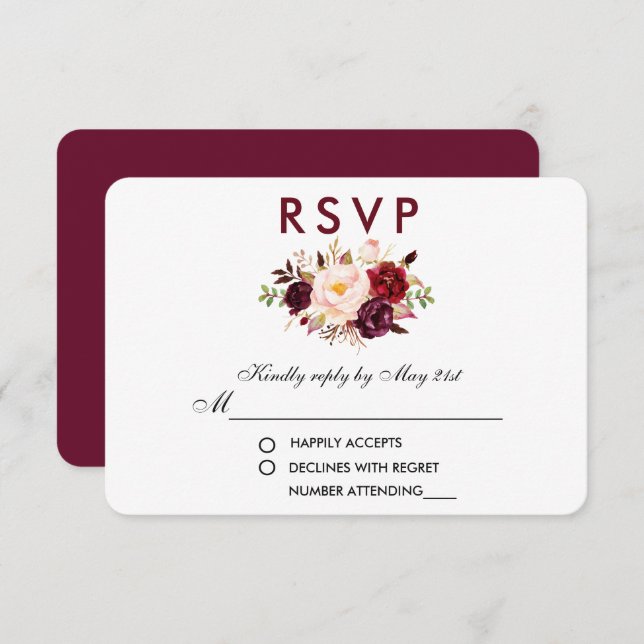 Floral Watercolor Burgundy Wedding RSVP Card (Front/Back)