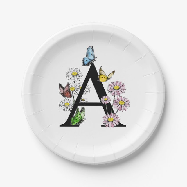 Floral Watercolor Butterfly Monogram Letter A   Paper Plate (Front)