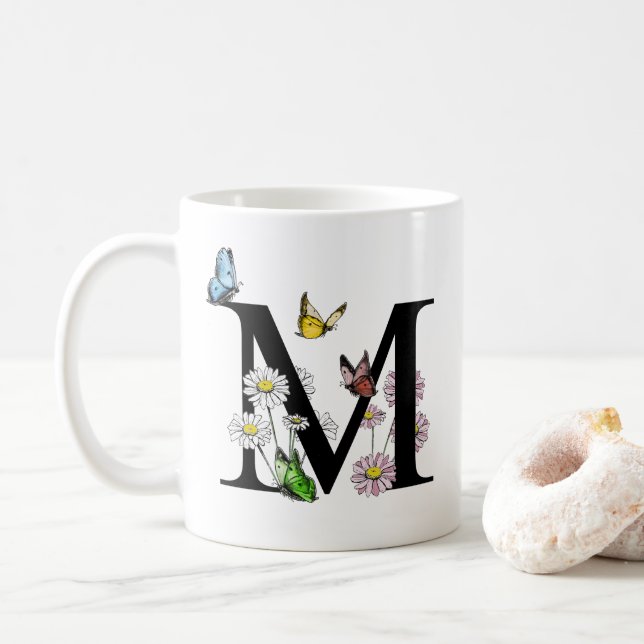 Floral Watercolor Butterfly Monogram  Letter M Coffee Mug (With Donut)