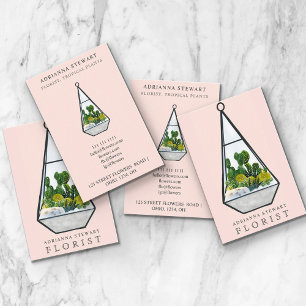 Floral watercolor cactus terrarium florist pink business card