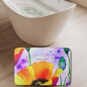 Floral Watercolor California Poppies Personalized Bath Mat