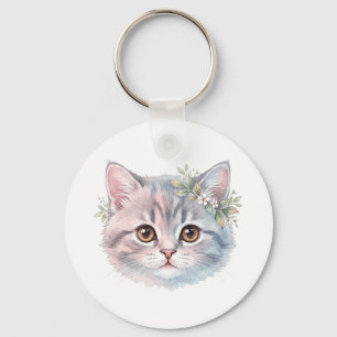 Floral Watercolor Cat Art Classic Personalised K Key Ring
