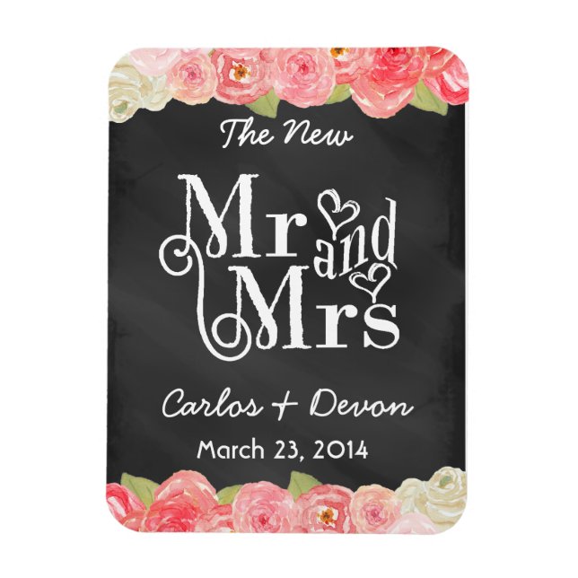 Floral Watercolor Chalkboard Wedding Magnet (Vertical)