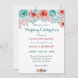 Floral Watercolor Coral Pink Aqua Elegant Wedding Invitation